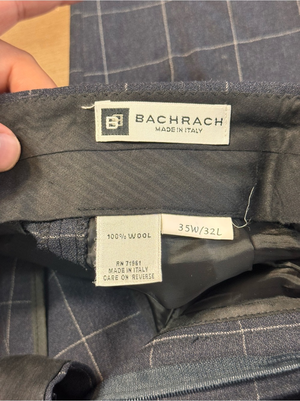 Bachrach Mens 35W 31L Wool Windowpane Pleated Dress Pants Navy Made in Italy - Picture 4 of 7